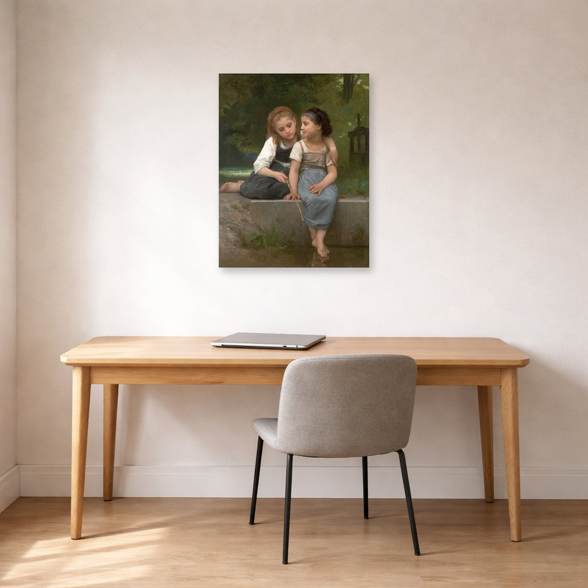 Unframed poster print of William-Adolphe Bouguereau's Pêche pour les grenouilles displayed on a wall in a office