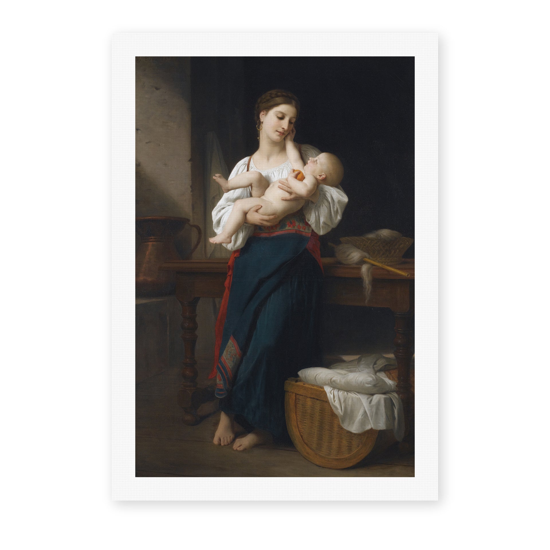 William-Adolphe Bouguereau's 'Premières Caresse' painting reproduced as a rolled canvas print