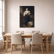 Gallery-wrapped canvas print of William-Adolphe Bouguereau's Premières Caresse displayed on a wall in a dining room
