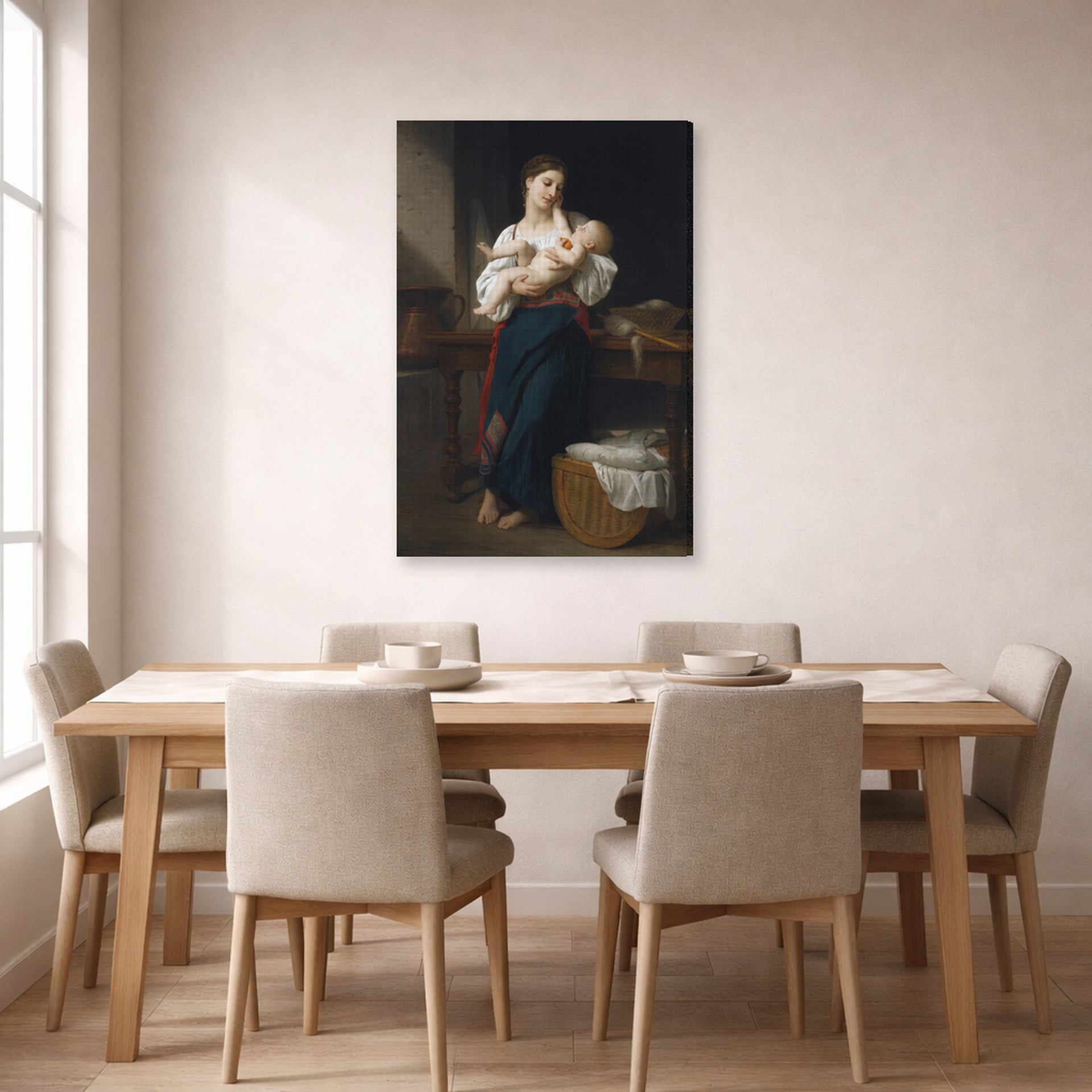 Gallery-wrapped canvas print of William-Adolphe Bouguereau's Premières Caresse displayed on a wall in a dining room