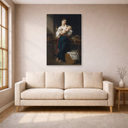 Gallery-wrapped canvas print of William-Adolphe Bouguereau's Premières Caresse displayed on a wall in a living room