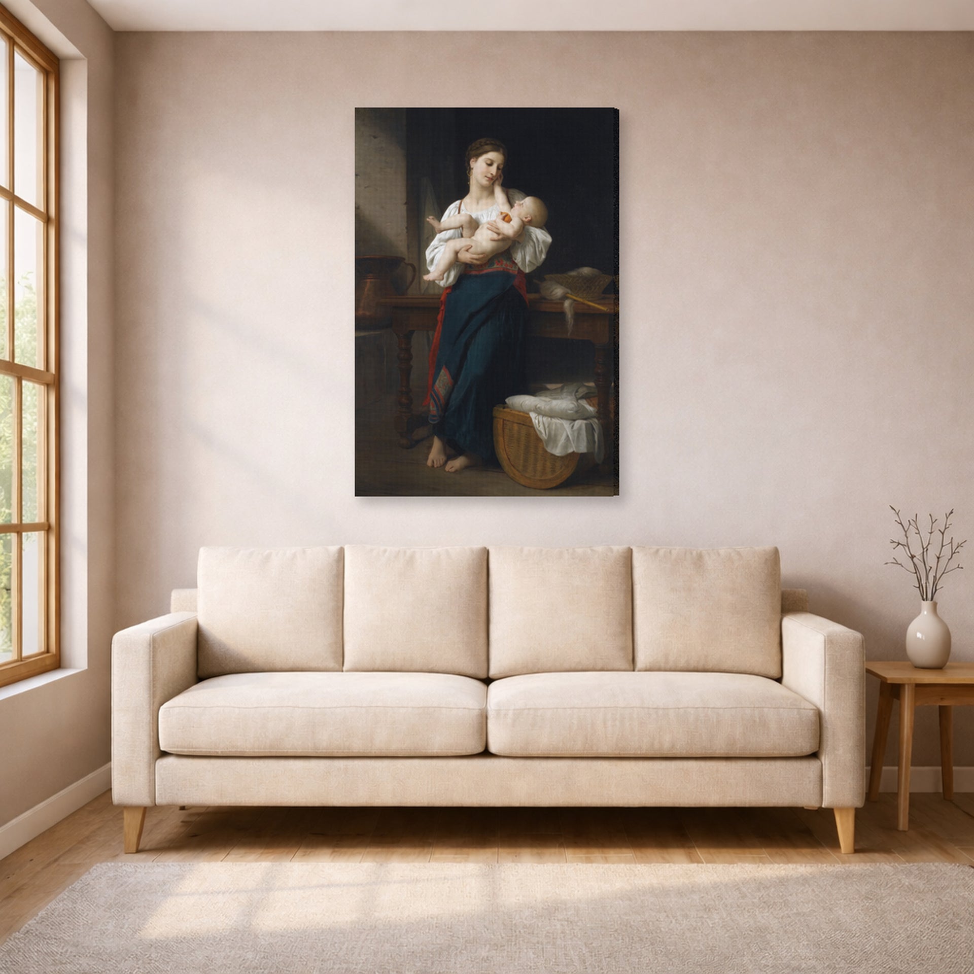 Gallery-wrapped canvas print of William-Adolphe Bouguereau's Premières Caresse displayed on a wall in a living room