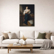Gallery-wrapped canvas print of William-Adolphe Bouguereau's Premières Caresse displayed on a wall in a second living room setting