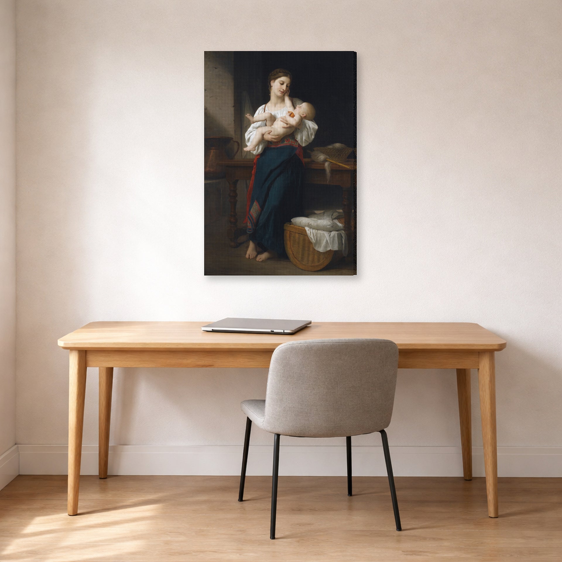 Gallery-wrapped canvas print of William-Adolphe Bouguereau's Premières Caresse displayed on a wall in a office