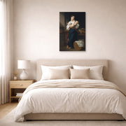 Unframed poster print of William-Adolphe Bouguereau's Premières Caresse displayed on a wall in a bedroom