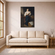 Unframed poster print of William-Adolphe Bouguereau's Premières Caresse displayed on a wall in a living room