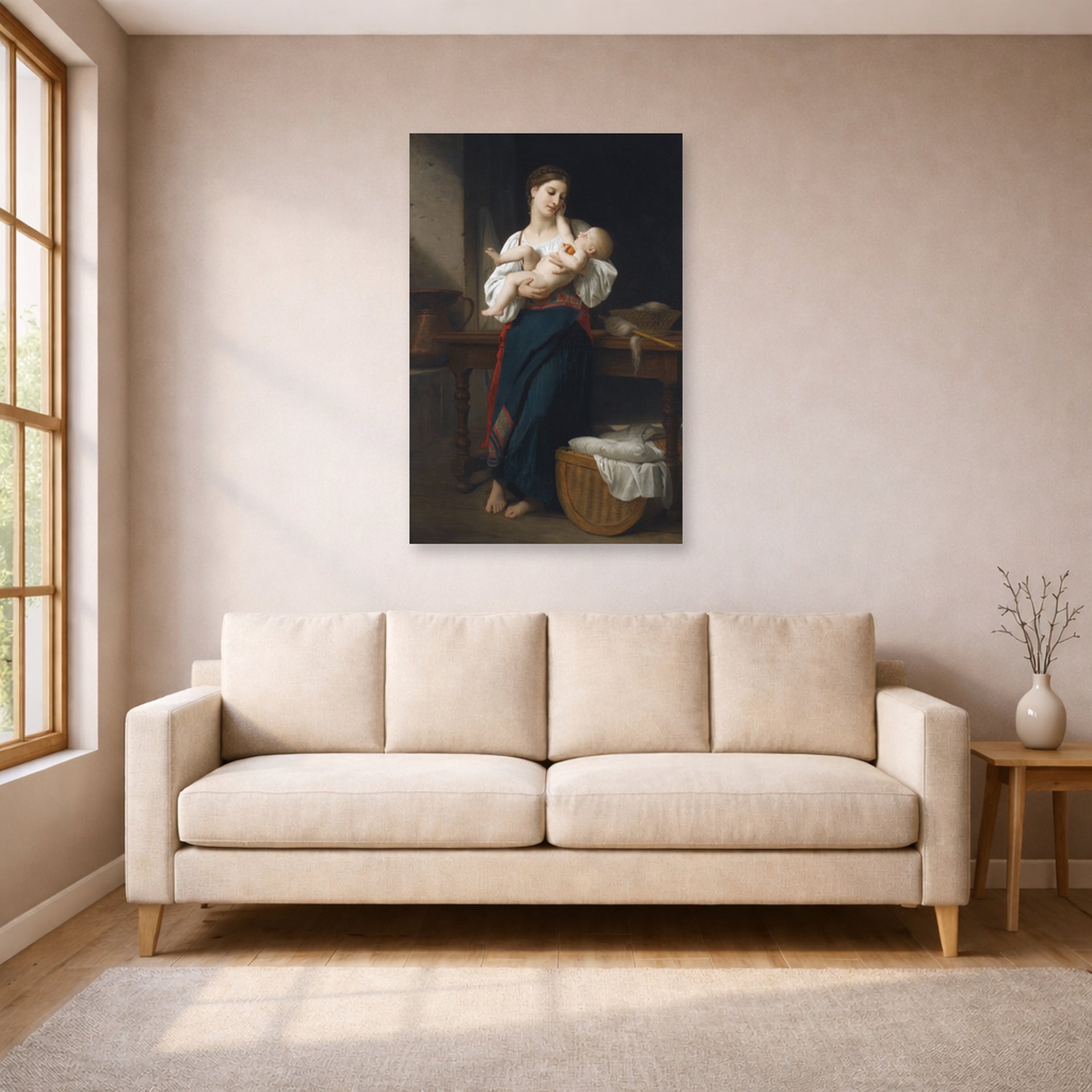 Unframed poster print of William-Adolphe Bouguereau's Premières Caresse displayed on a wall in a living room