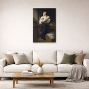Unframed poster print of William-Adolphe Bouguereau's Premières Caresse displayed on a wall in a second living room setting