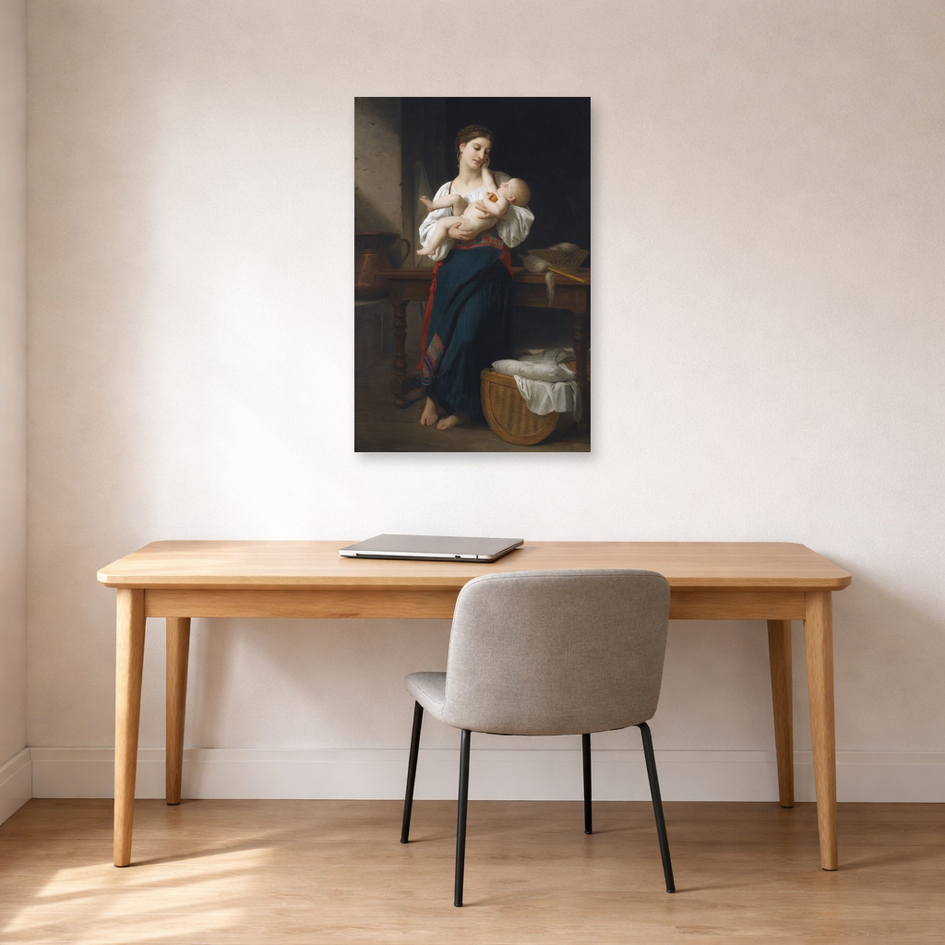 Unframed poster print of William-Adolphe Bouguereau's Premières Caresse displayed on a wall in a office