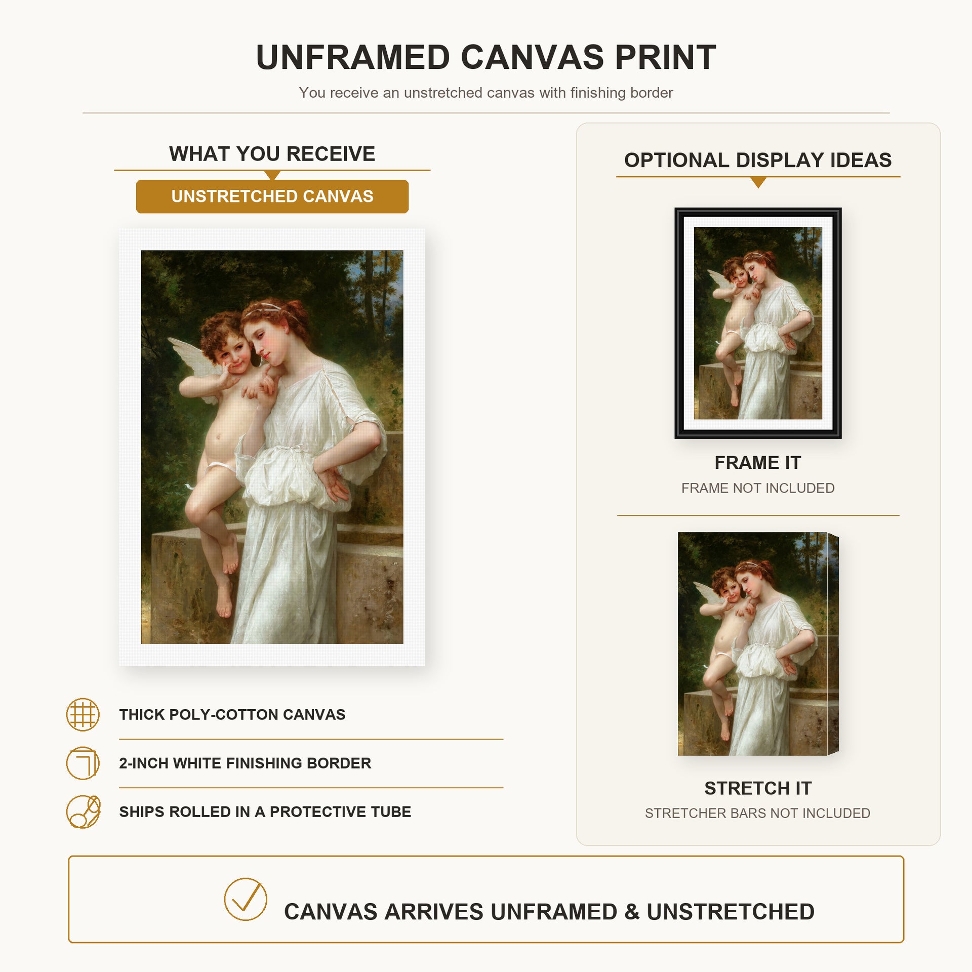 William-Adolphe Bouguereau - Secrets De L'amour canvas print size comparison and framing display infographic