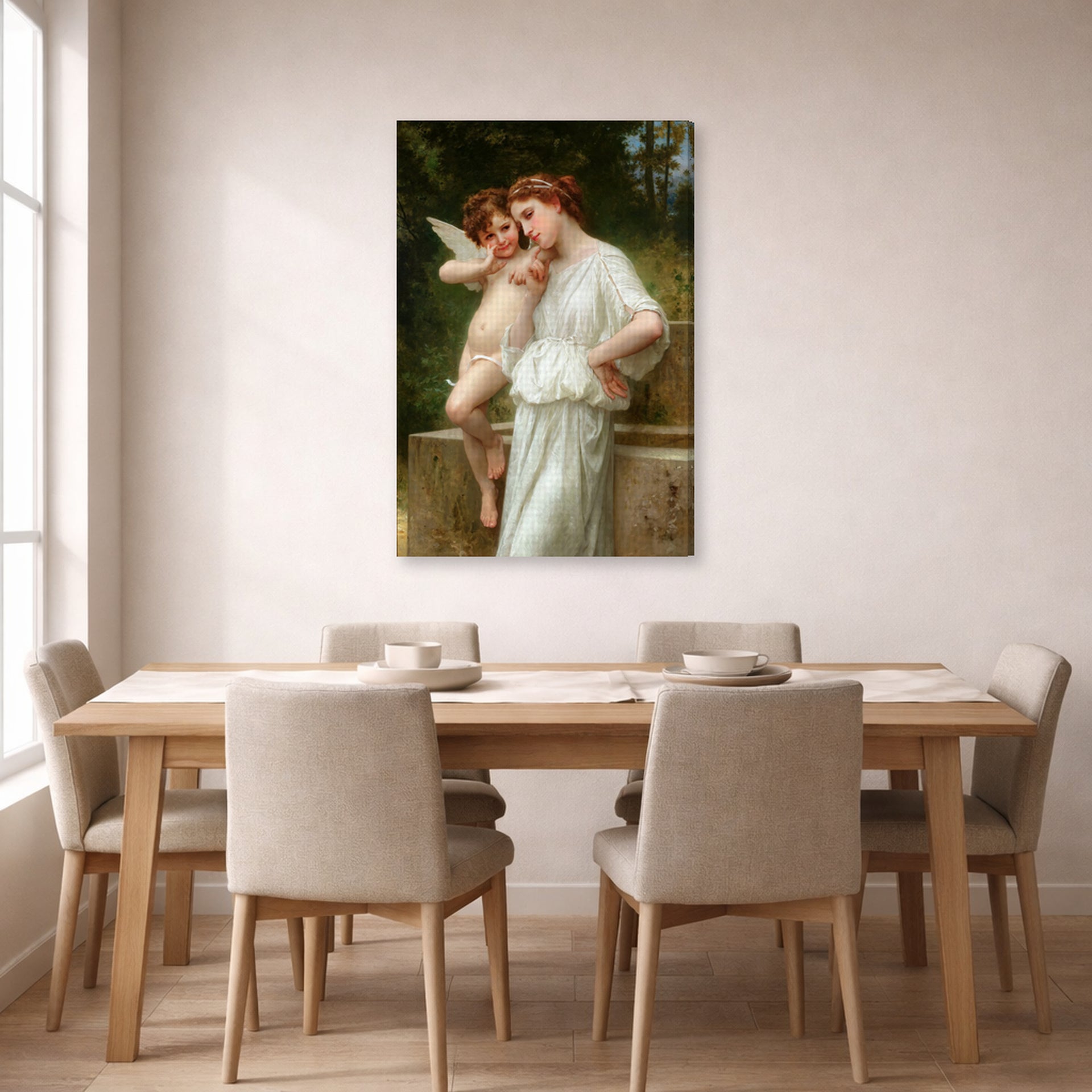 Gallery-wrapped canvas print of William-Adolphe Bouguereau's Secrets De L'amour displayed on a wall in a dining room