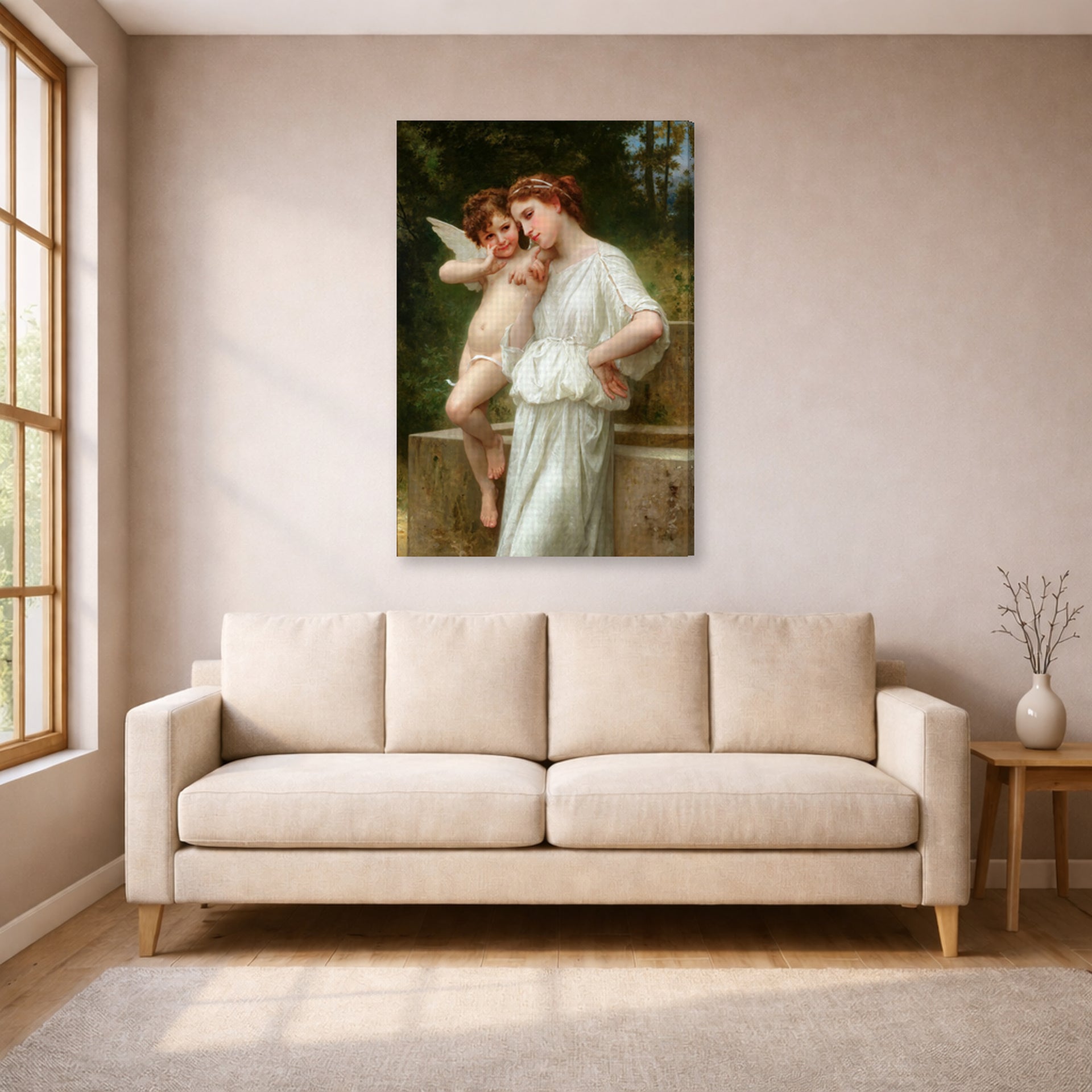 Gallery-wrapped canvas print of William-Adolphe Bouguereau's Secrets De L'amour displayed on a wall in a living room
