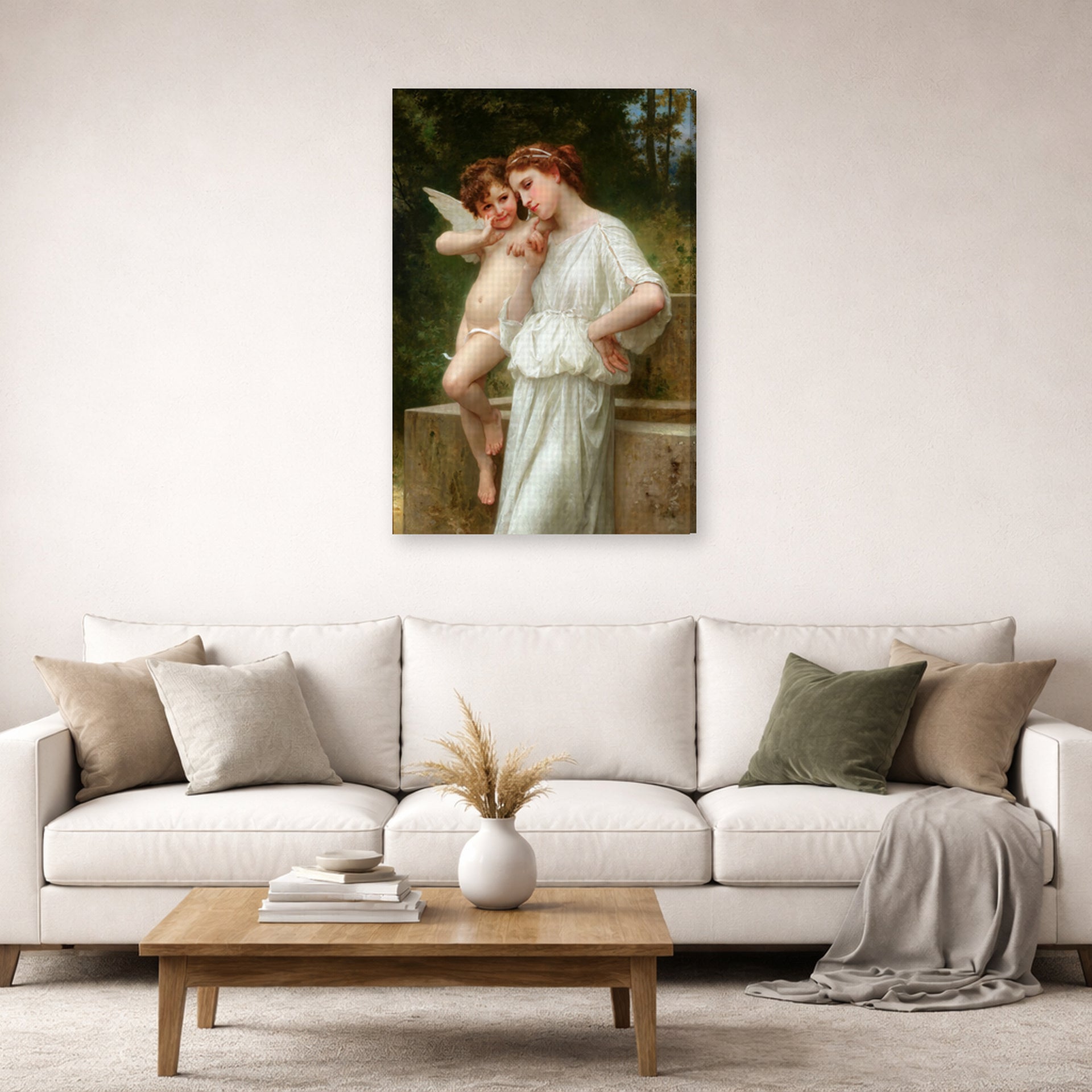 Gallery-wrapped canvas print of William-Adolphe Bouguereau's Secrets De L'amour displayed on a wall in a second living room setting