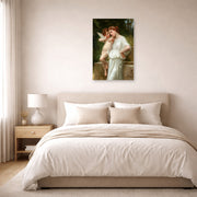 Unframed poster print of William-Adolphe Bouguereau's Secrets De L'amour displayed on a wall in a bedroom