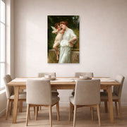 Unframed poster print of William-Adolphe Bouguereau's Secrets De L'amour displayed on a wall in a dining room