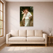 Unframed poster print of William-Adolphe Bouguereau's Secrets De L'amour displayed on a wall in a living room