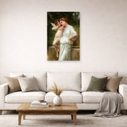 Unframed poster print of William-Adolphe Bouguereau's Secrets De L'amour displayed on a wall in a second living room setting