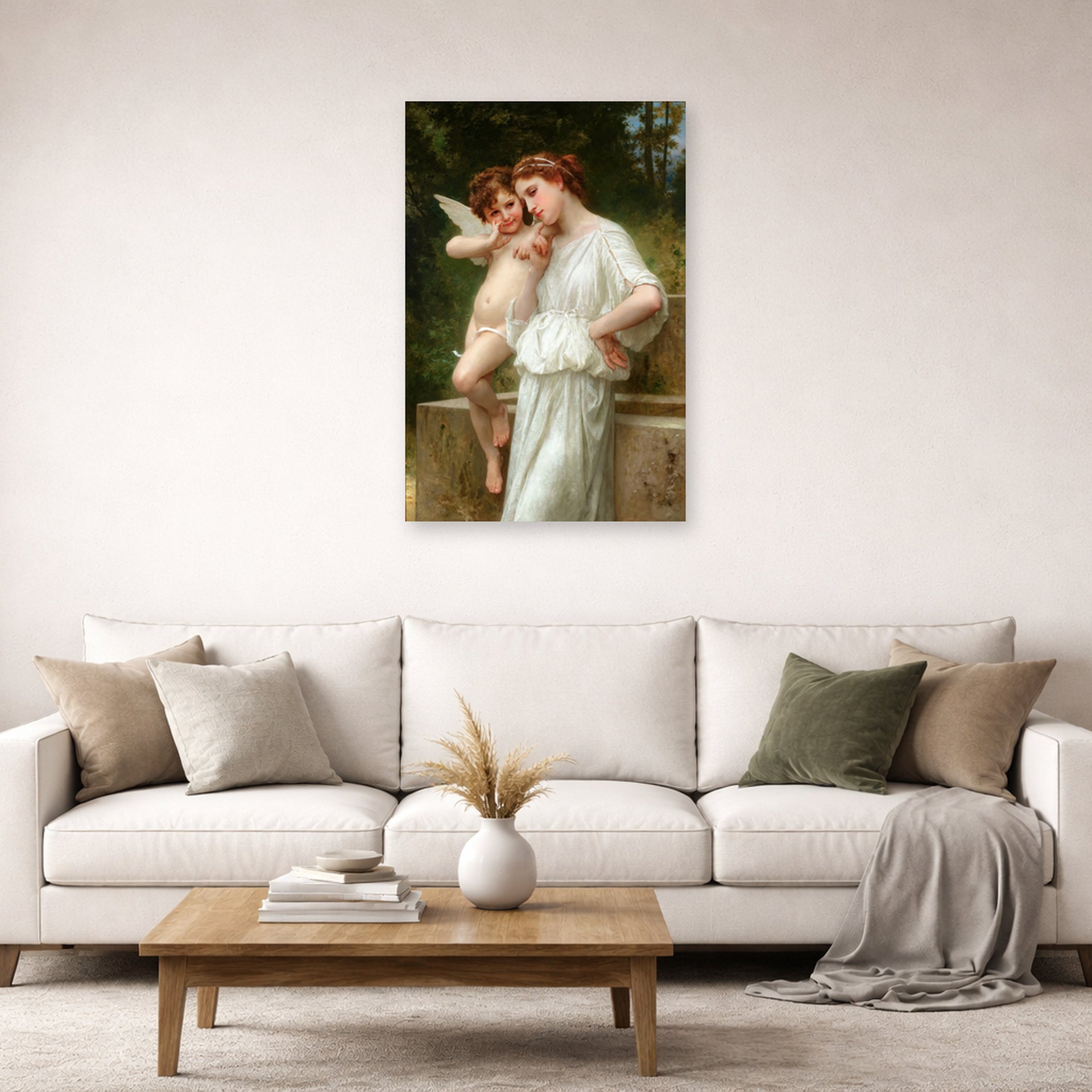 Unframed poster print of William-Adolphe Bouguereau's Secrets De L'amour displayed on a wall in a second living room setting