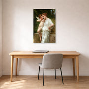 Unframed poster print of William-Adolphe Bouguereau's Secrets De L'amour displayed on a wall in a office