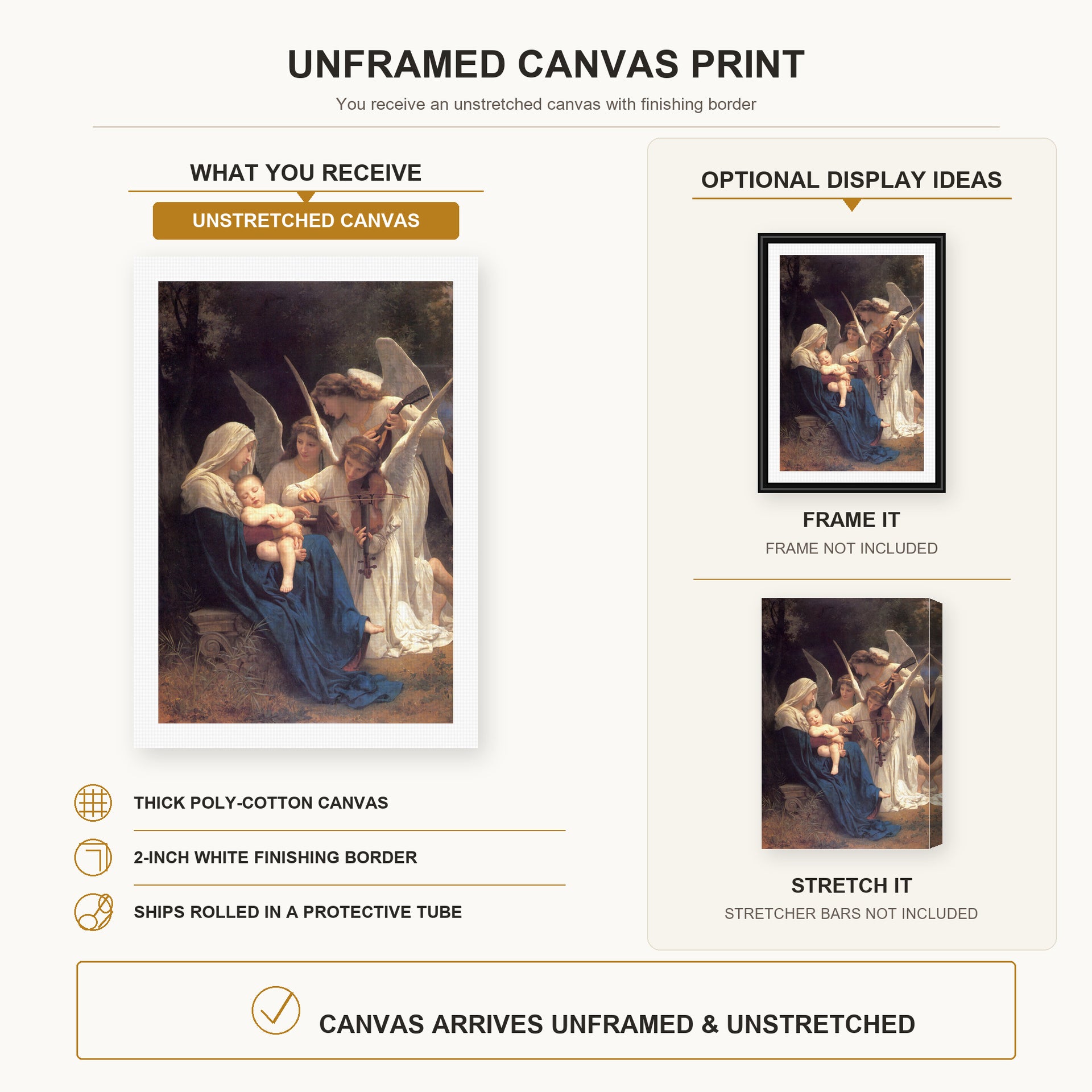 William-Adolphe Bouguereau - Song of the Angels canvas print size comparison and framing display infographic