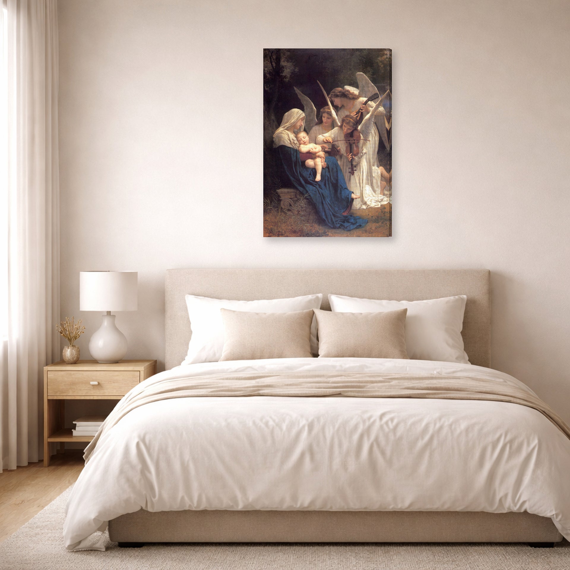 Gallery-wrapped canvas print of William-Adolphe Bouguereau's Song of the Angels displayed on a wall in a bedroom