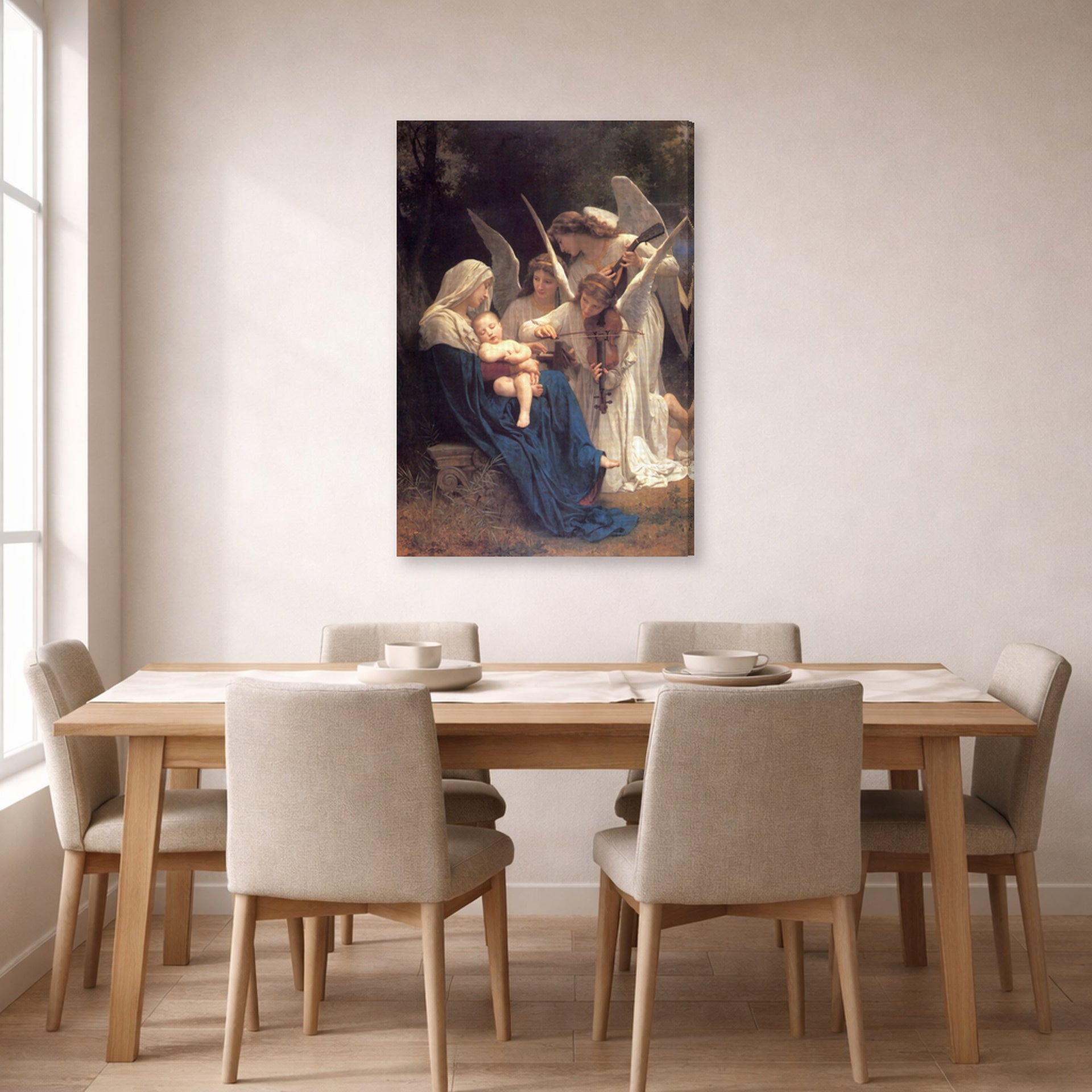Gallery-wrapped canvas print of William-Adolphe Bouguereau's Song of the Angels displayed on a wall in a dining room