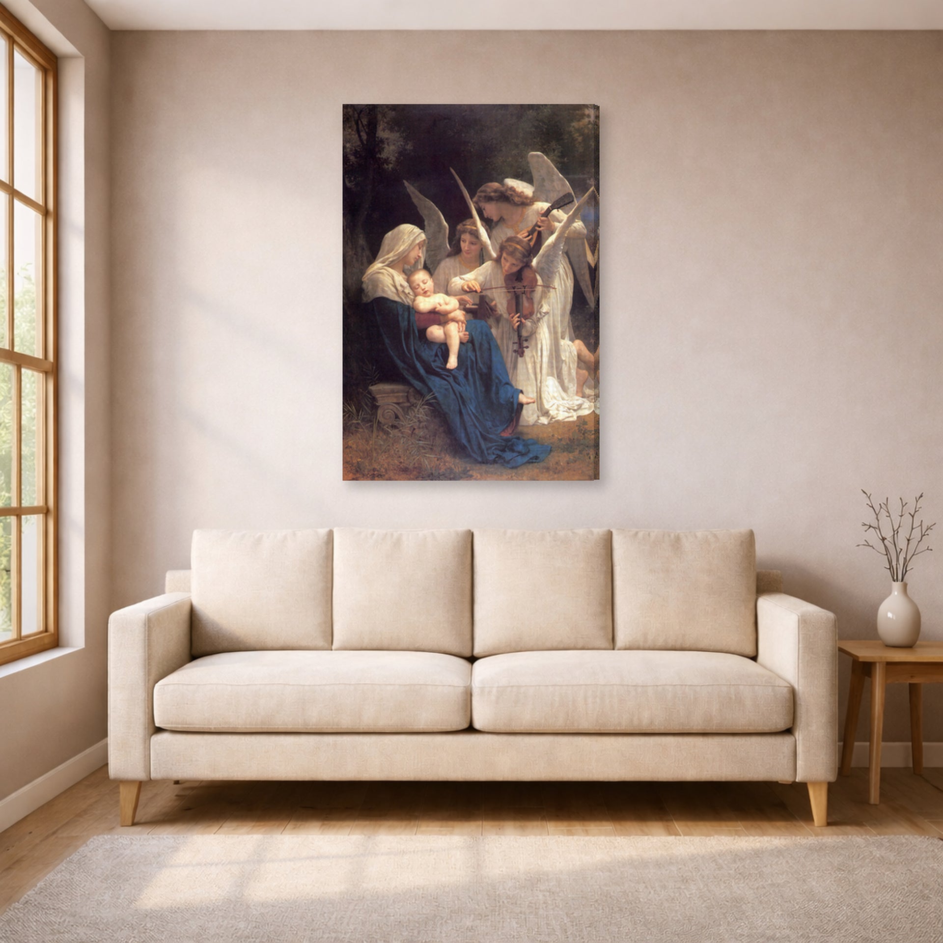 Gallery-wrapped canvas print of William-Adolphe Bouguereau's Song of the Angels displayed on a wall in a living room