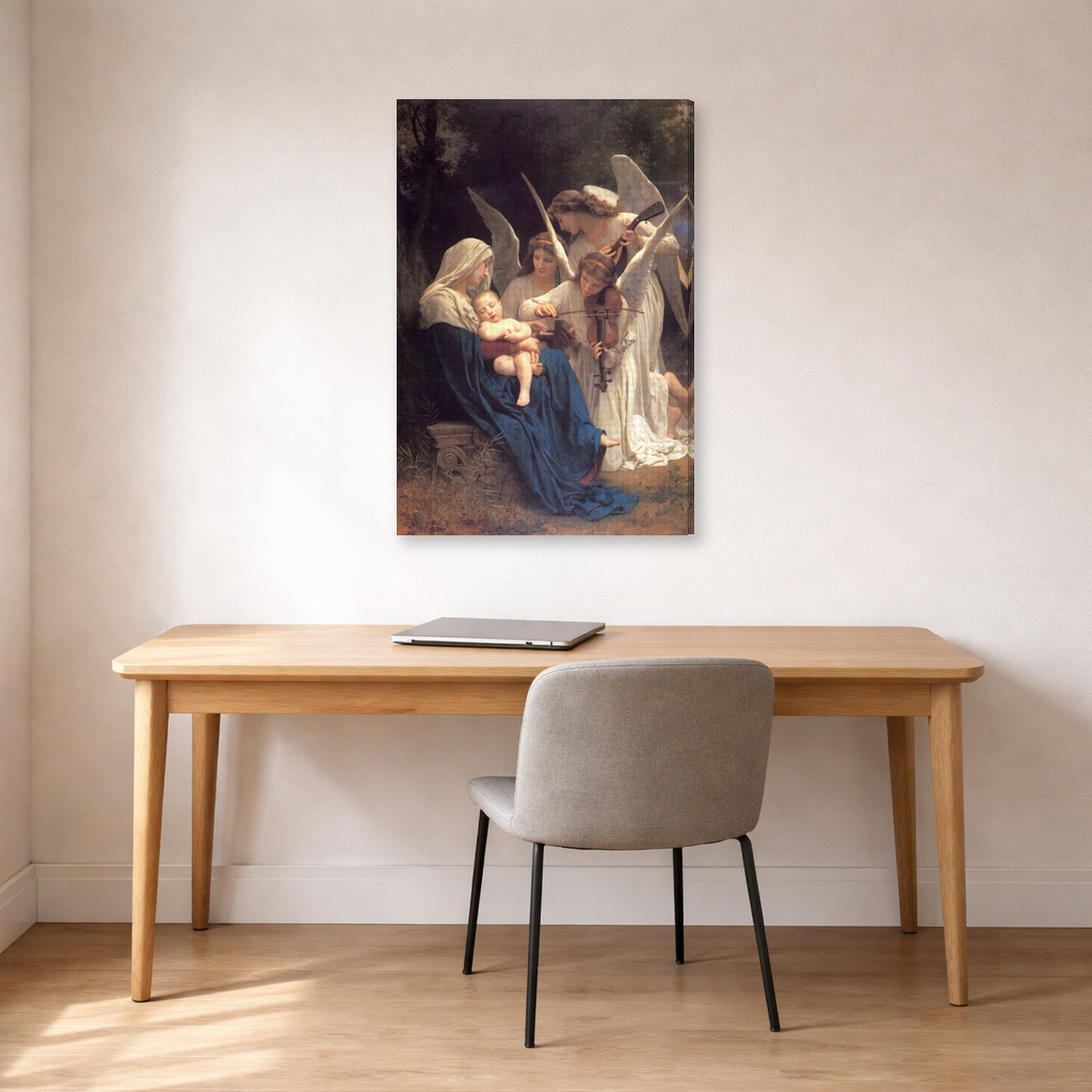 Gallery-wrapped canvas print of William-Adolphe Bouguereau's Song of the Angels displayed on a wall in a office
