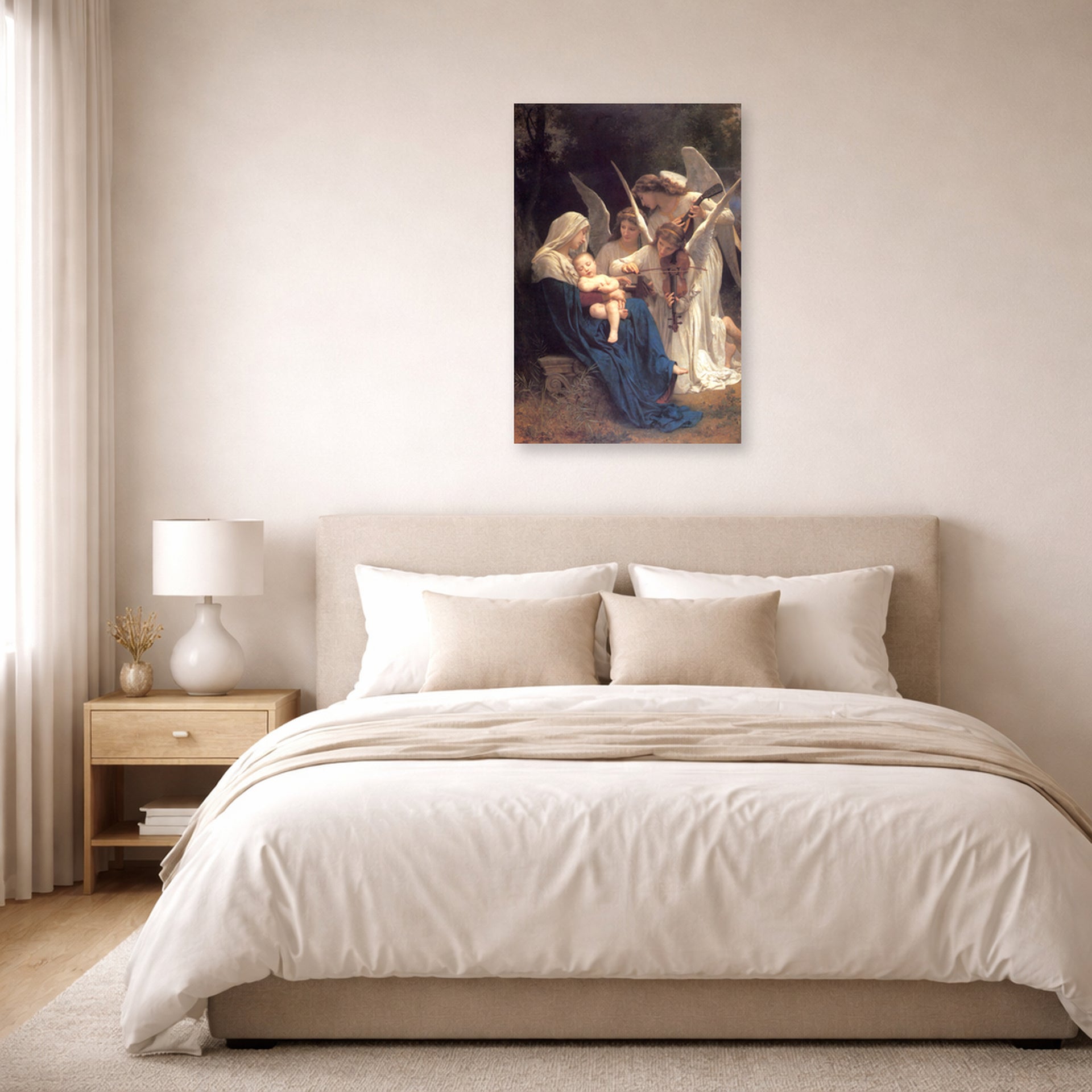 Unframed poster print of William-Adolphe Bouguereau's Song of the Angels displayed on a wall in a bedroom