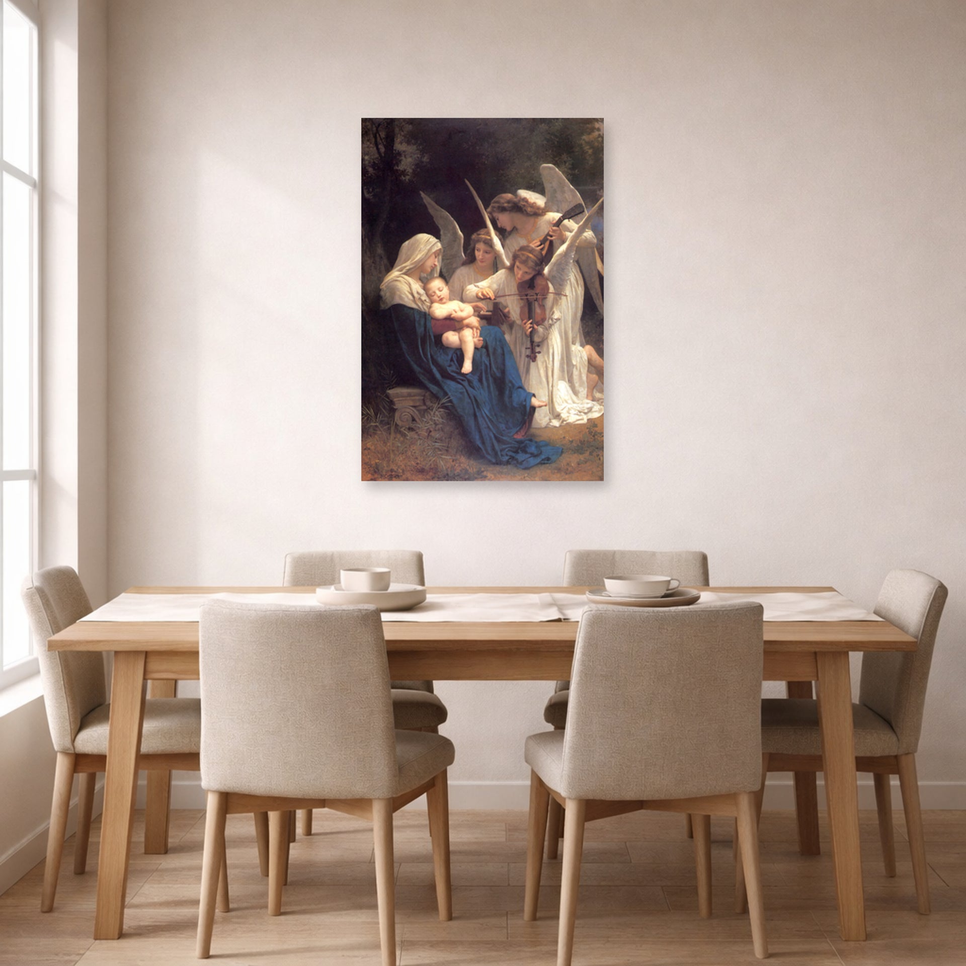Unframed poster print of William-Adolphe Bouguereau's Song of the Angels displayed on a wall in a dining room