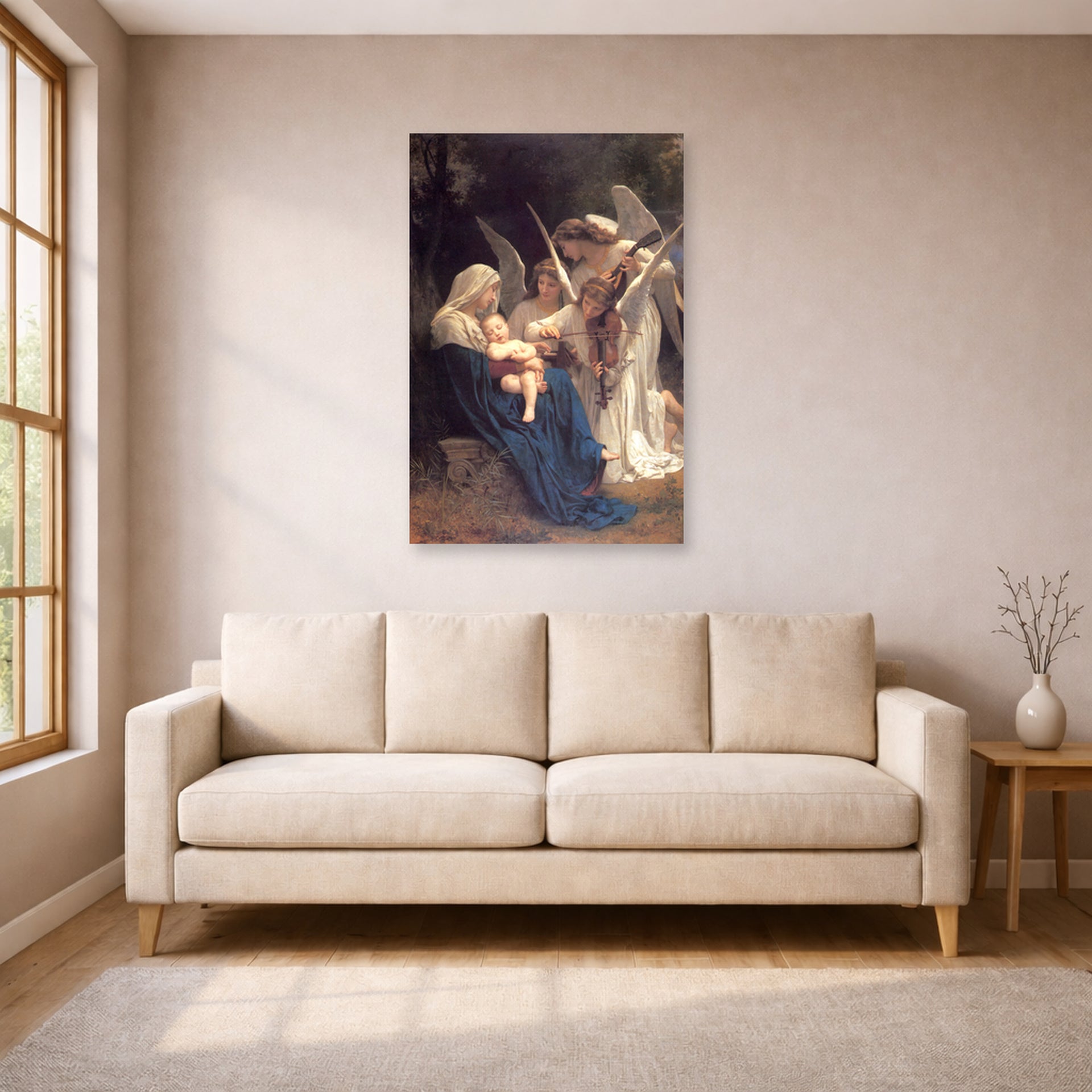 Unframed poster print of William-Adolphe Bouguereau's Song of the Angels displayed on a wall in a living room