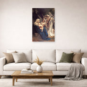 Unframed poster print of William-Adolphe Bouguereau's Song of the Angels displayed on a wall in a second living room setting
