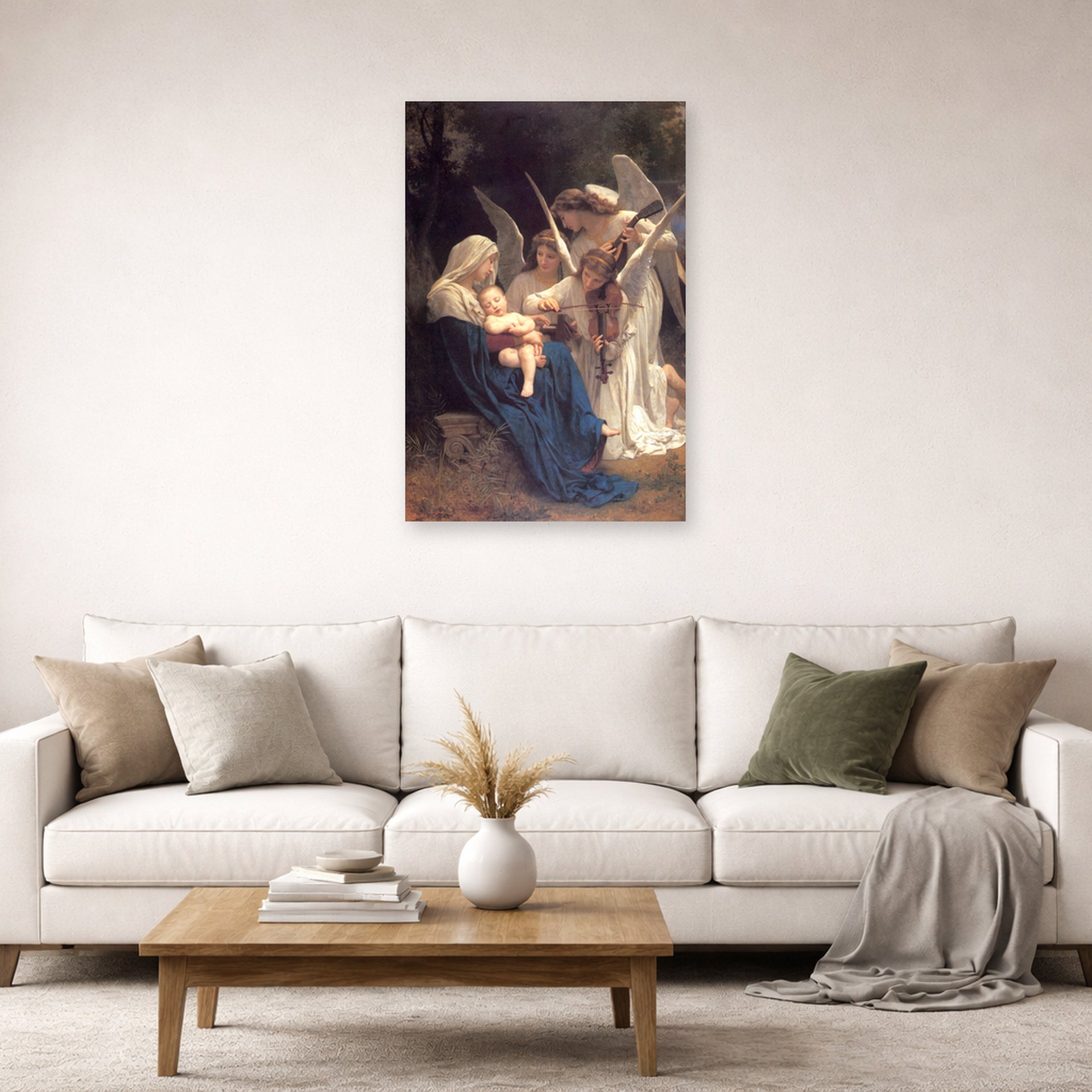 Unframed poster print of William-Adolphe Bouguereau's Song of the Angels displayed on a wall in a second living room setting