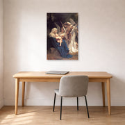 Unframed poster print of William-Adolphe Bouguereau's Song of the Angels displayed on a wall in a office