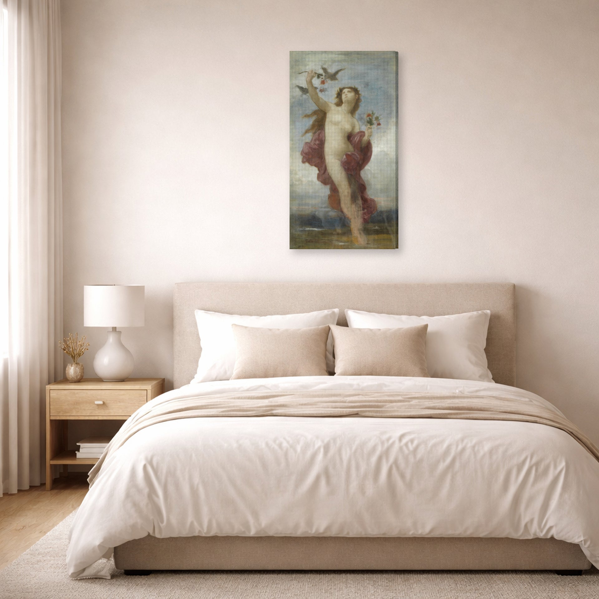 Gallery-wrapped canvas print of William-Adolphe Bouguereau's Study for 'Le Jour' displayed on a wall in a bedroom