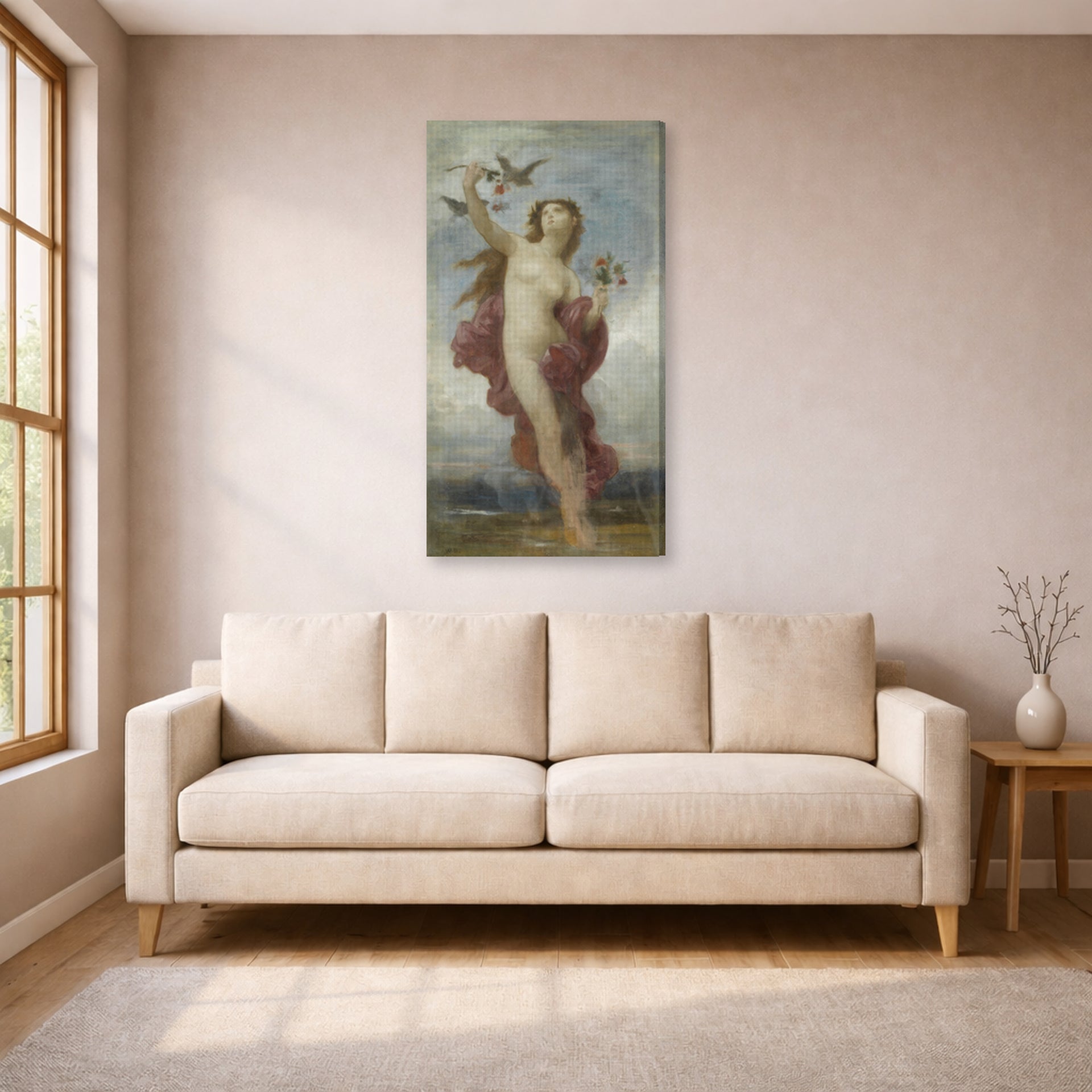 Gallery-wrapped canvas print of William-Adolphe Bouguereau's Study for 'Le Jour' displayed on a wall in a living room