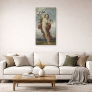 Gallery-wrapped canvas print of William-Adolphe Bouguereau's Study for 'Le Jour' displayed on a wall in a second living room setting