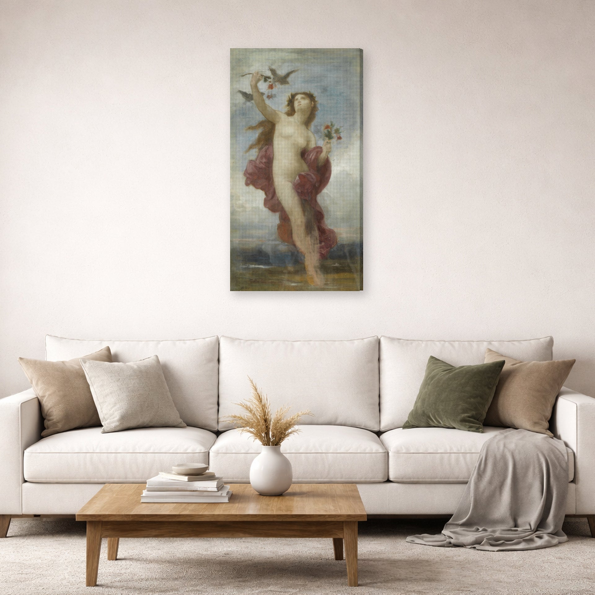 Gallery-wrapped canvas print of William-Adolphe Bouguereau's Study for 'Le Jour' displayed on a wall in a second living room setting