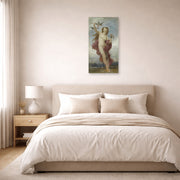Unframed poster print of William-Adolphe Bouguereau's Study for 'Le Jour' displayed on a wall in a bedroom