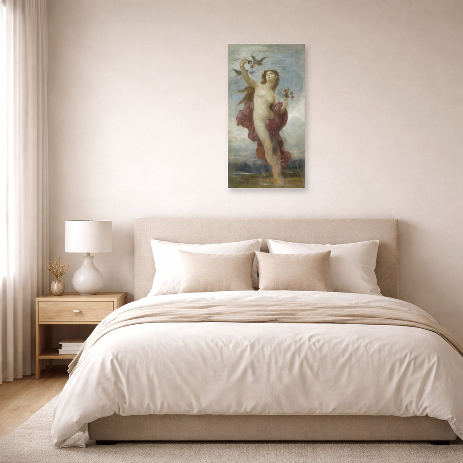 Unframed poster print of William-Adolphe Bouguereau's Study for 'Le Jour' displayed on a wall in a bedroom