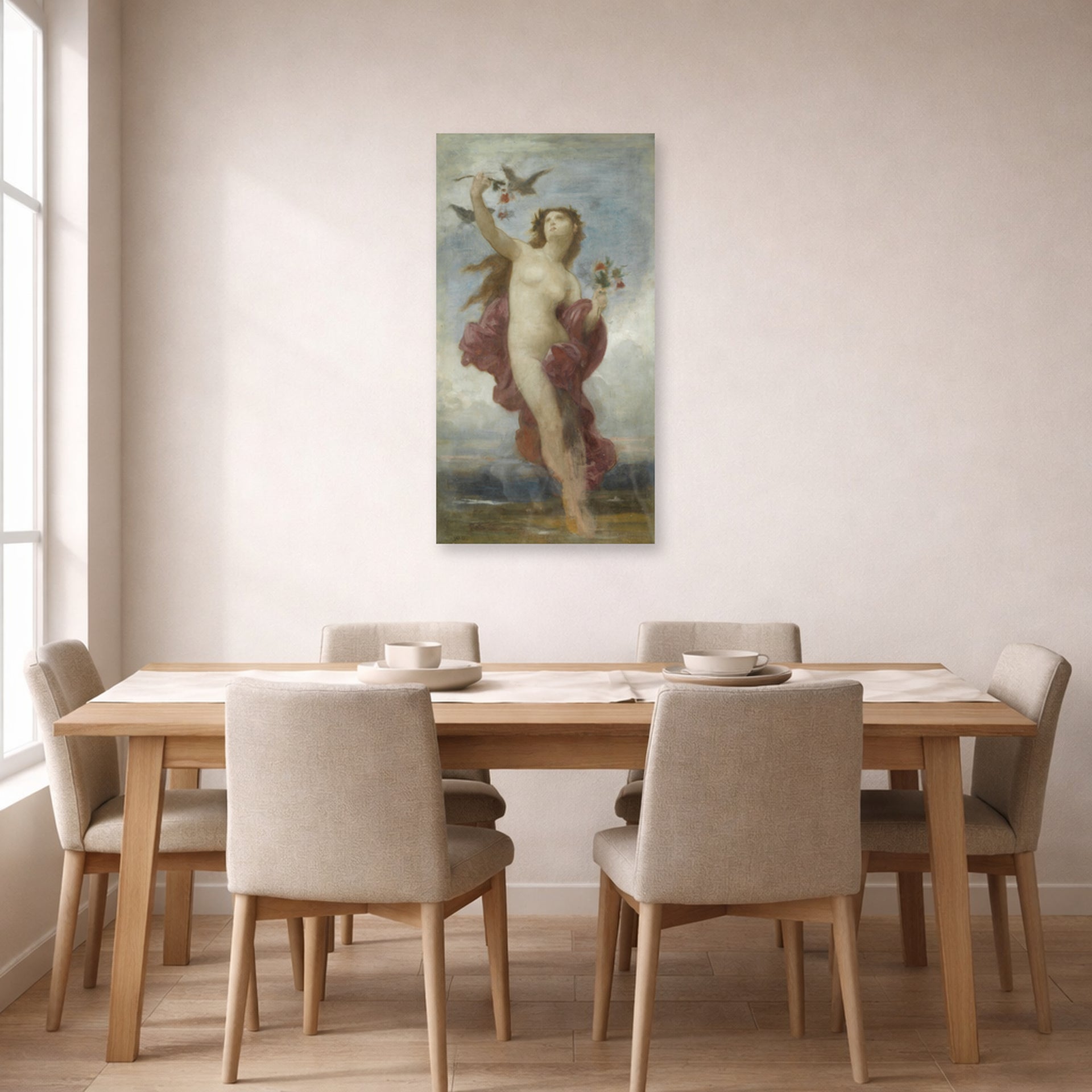 Unframed poster print of William-Adolphe Bouguereau's Study for 'Le Jour' displayed on a wall in a dining room