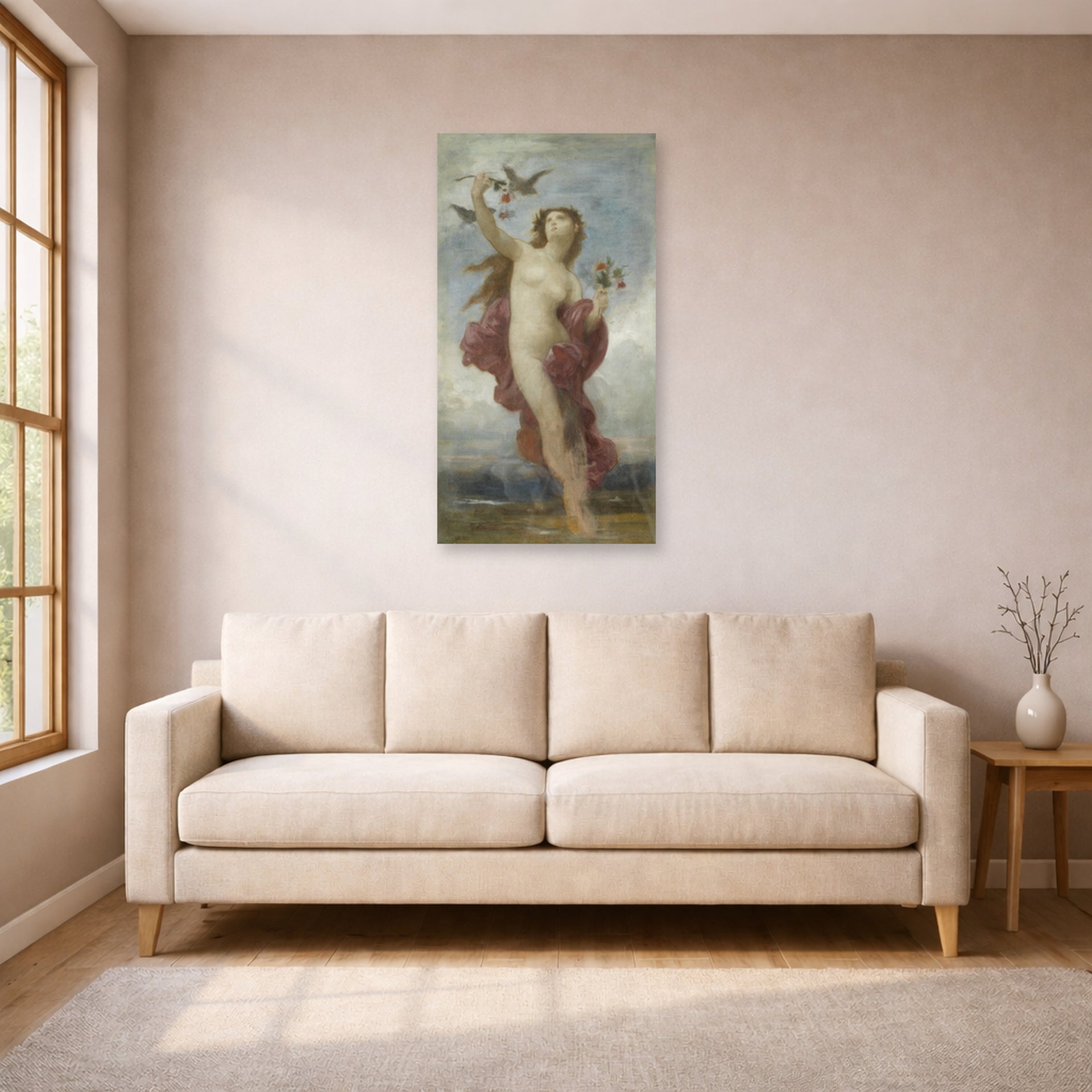 Unframed poster print of William-Adolphe Bouguereau's Study for 'Le Jour' displayed on a wall in a living room