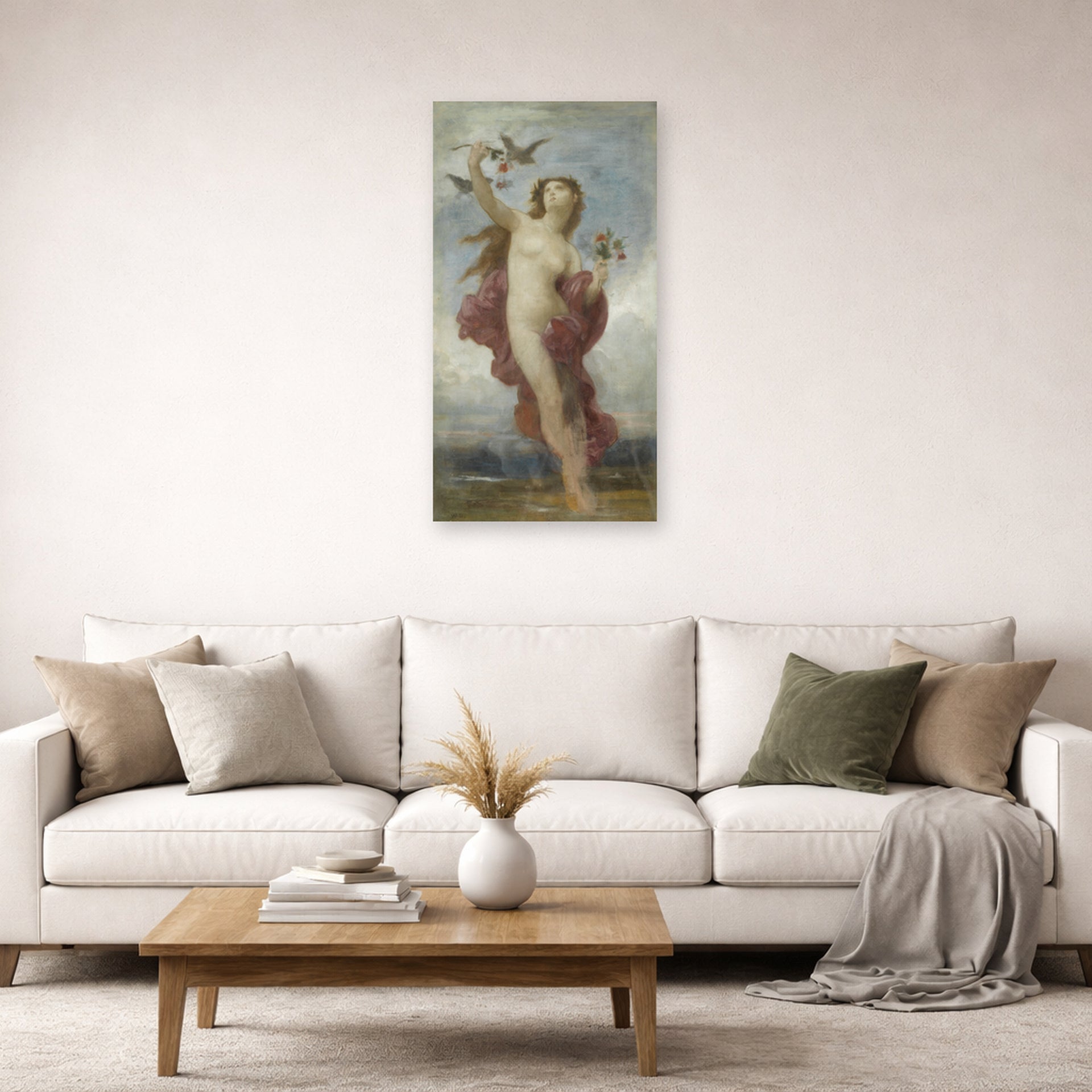 Unframed poster print of William-Adolphe Bouguereau's Study for 'Le Jour' displayed on a wall in a second living room setting