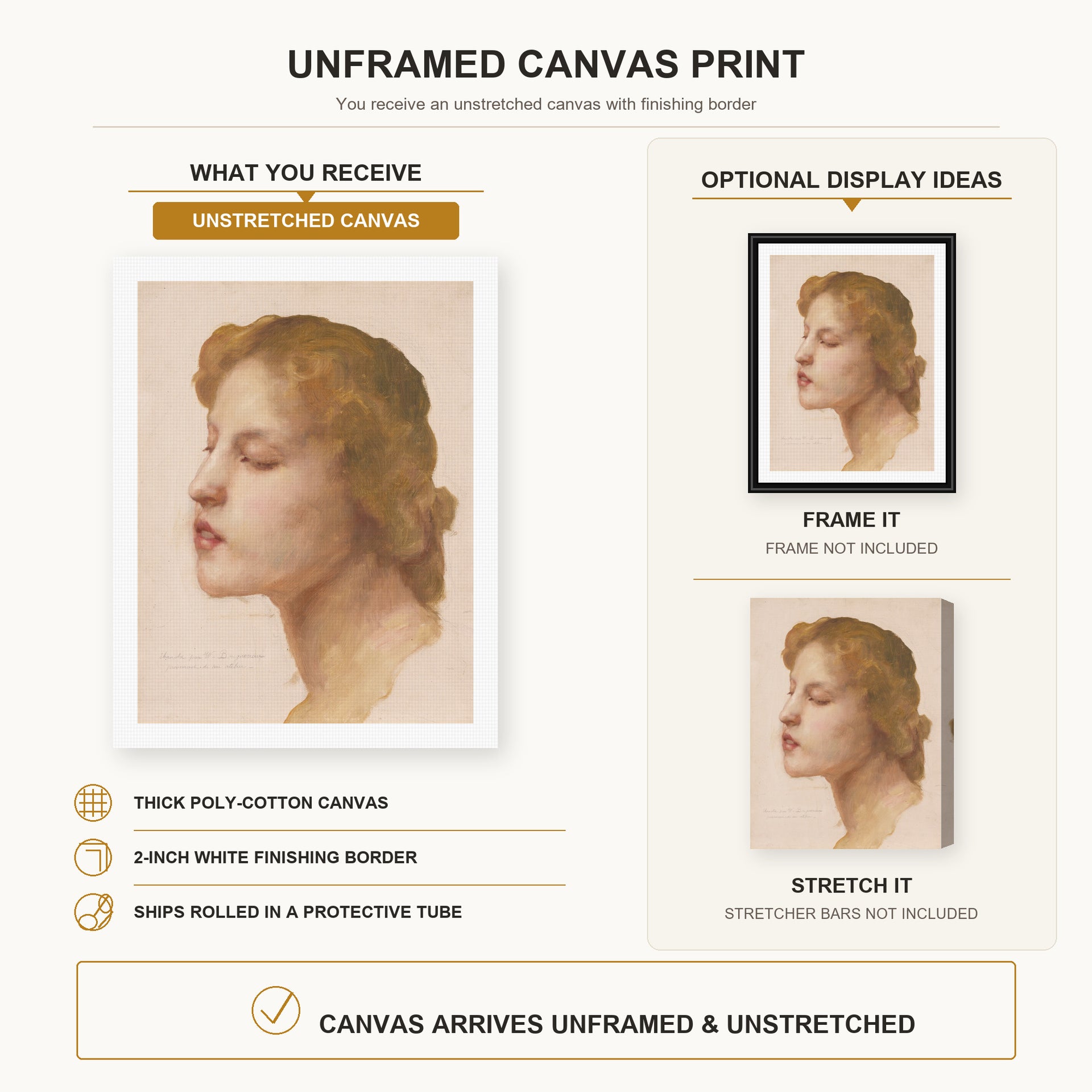 William-Adolphe Bouguereau - Study of a Woman's Head canvas print size comparison and framing display infographic