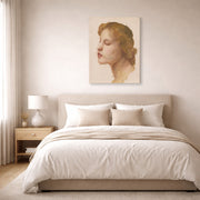 Gallery-wrapped canvas print of William-Adolphe Bouguereau's Study of a Woman's Head displayed on a wall in a bedroom