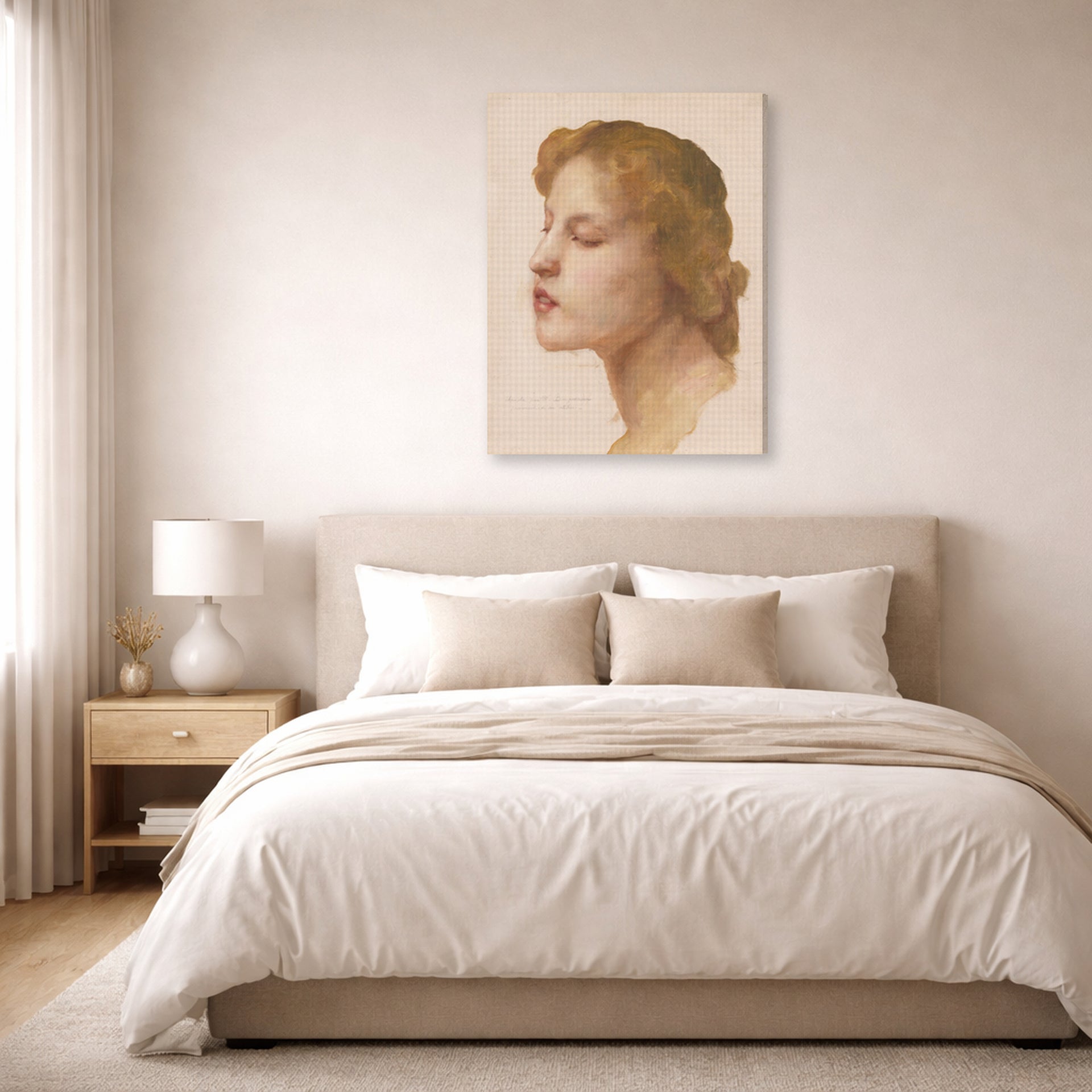 Gallery-wrapped canvas print of William-Adolphe Bouguereau's Study of a Woman's Head displayed on a wall in a bedroom
