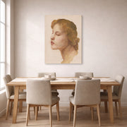 Gallery-wrapped canvas print of William-Adolphe Bouguereau's Study of a Woman's Head displayed on a wall in a dining room