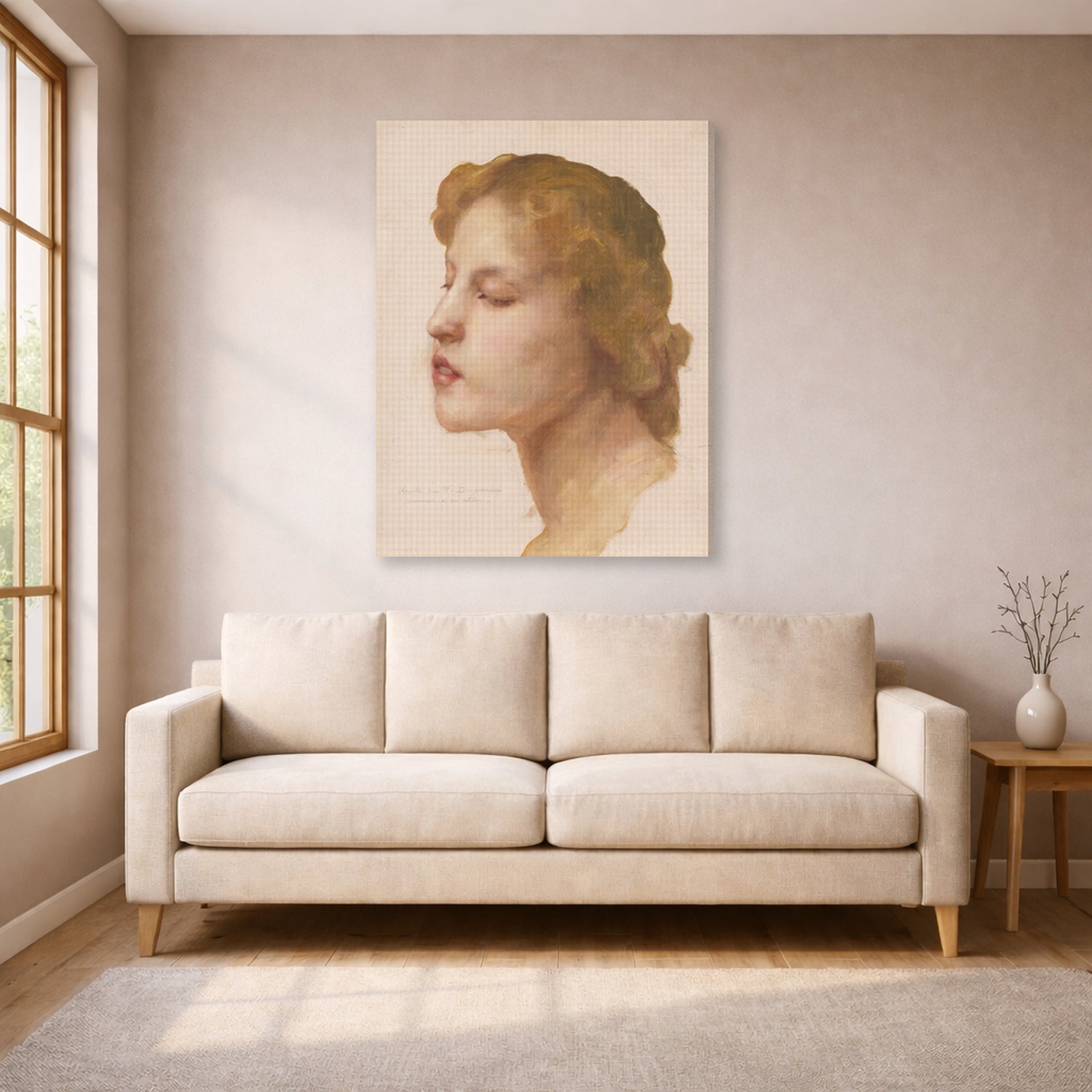 Gallery-wrapped canvas print of William-Adolphe Bouguereau's Study of a Woman's Head displayed on a wall in a living room