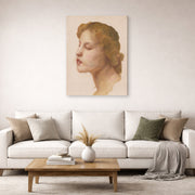 Gallery-wrapped canvas print of William-Adolphe Bouguereau's Study of a Woman's Head displayed on a wall in a second living room setting
