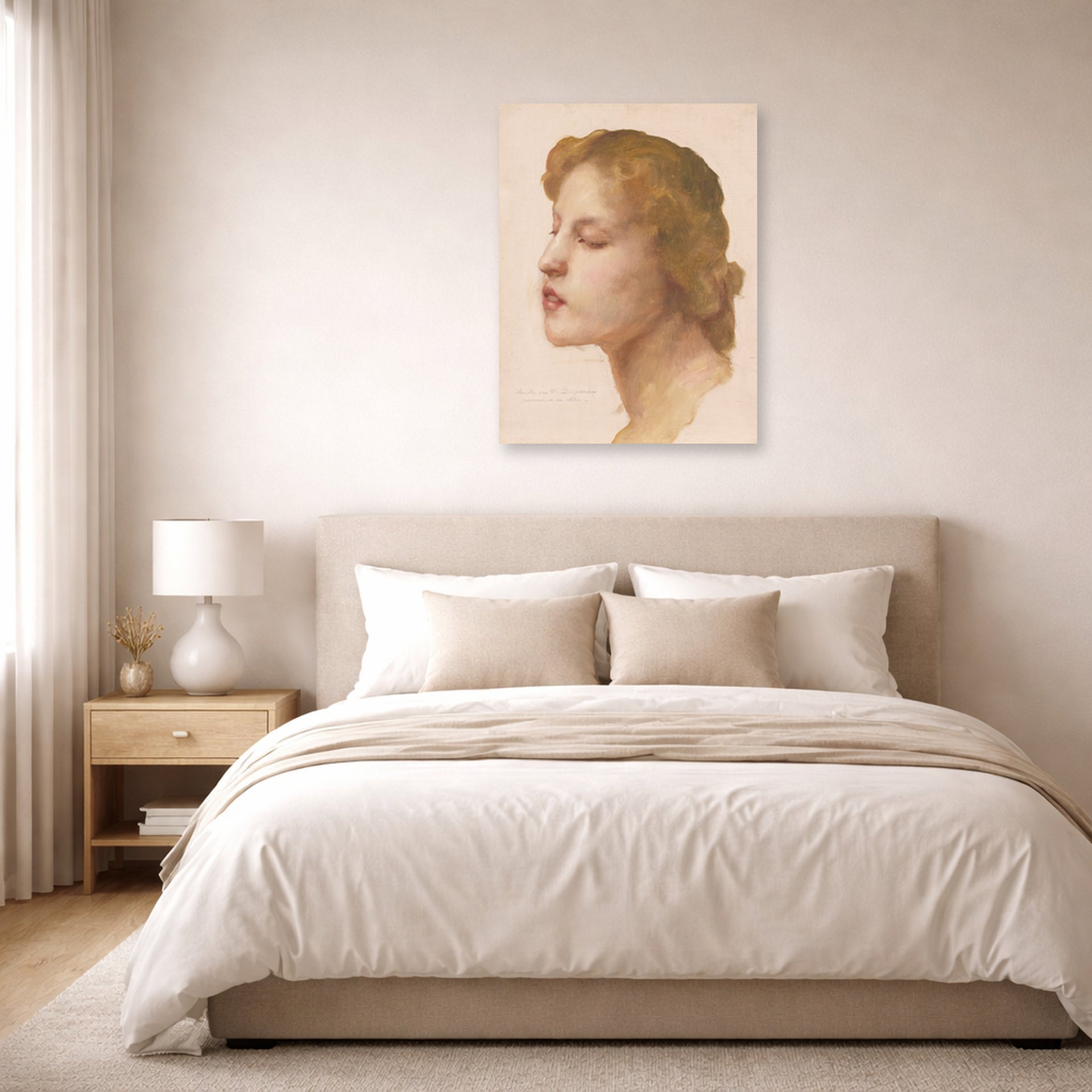 Unframed poster print of William-Adolphe Bouguereau's Study of a Woman's Head displayed on a wall in a bedroom